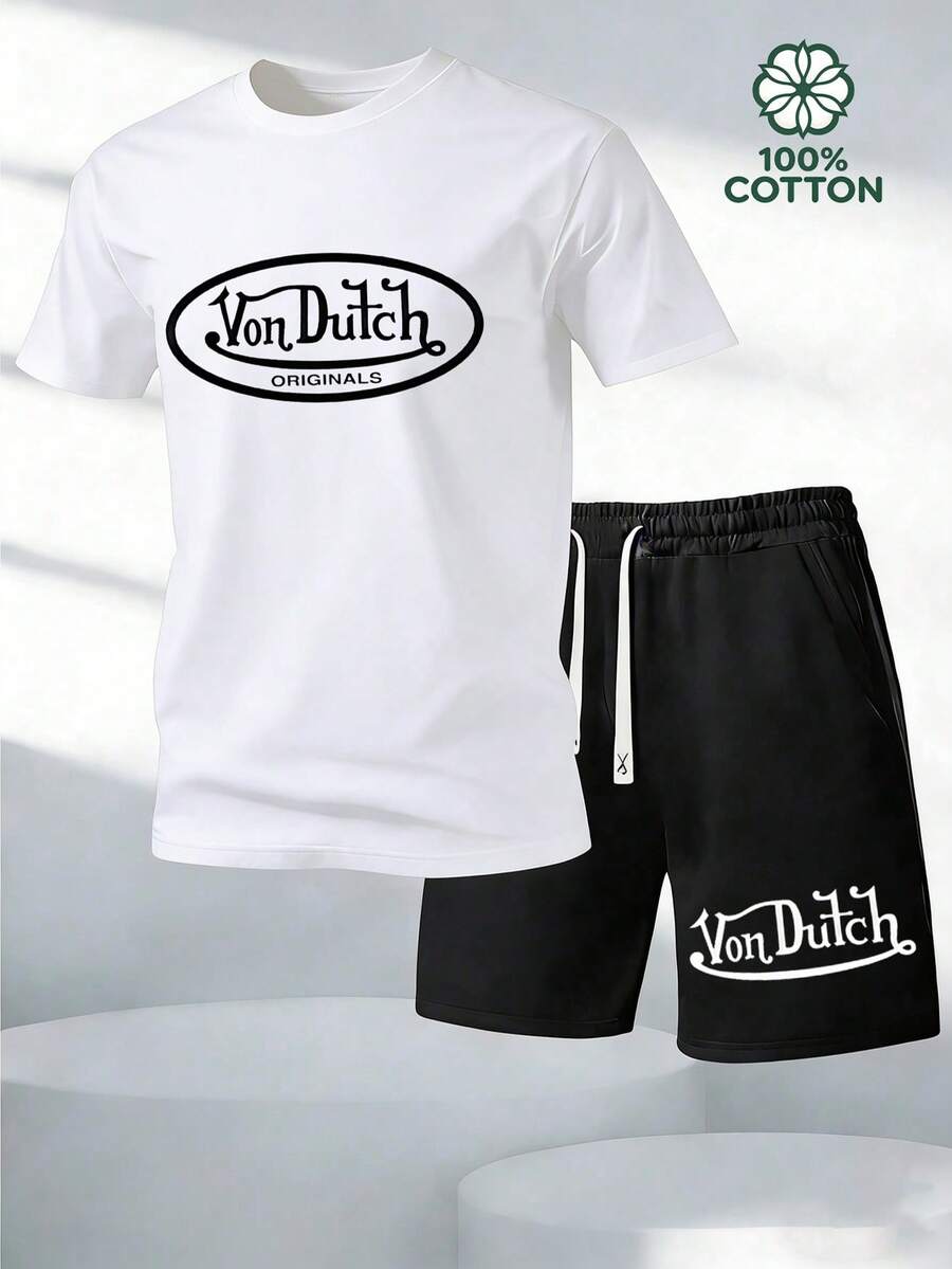 Y2K Retro Men's Two Piece Outfit, Classic VonDutch Style Logo Print Casual T Shirt And Shorts Set.Graphic T Shirt.Mens Clothes.Shorts.Men 2 Piece Set.Cotton Graphic Tees.Graphic Tees.Summer Clothes.Conjunto Para Hombre.Men's.Men Clothes.Mens.Men Two Piece Set.Ropa Para Hombre.Hombres Ropa.Man Clothes.Men Clothing - 白色 - 查看 1