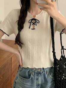 Summer Color-Blocked Slim-Fit Tie Neckline Women's Short-Sleeved Knit Top With Ruffled Trim - Apricot - View 7