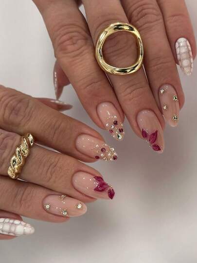 Bộ 24 miếng dán móng tay gel 3D sang trọng, màu nude đính đá lấp lánh hình hoa hạnh nhân, kèm sơn gel và dũa móng, phù hợp cho các bạn gái và phụ nữ sử dụng hàng ngày, dự tiệc và các buổi gặp gỡ.