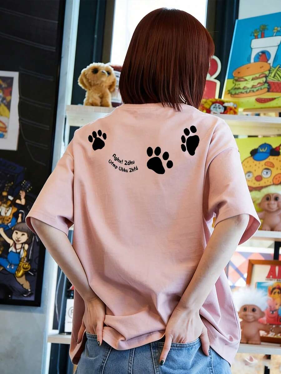 Japanese Style Women's Loose Casual Round Neck Letter & Puppy Print Short Sleeve T-Shirt, Versatile For Spring/Summer Pink - Pink - View 1