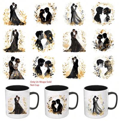 12 Tờ Hình Dán Chuyển Nhiệt UV Họa Tiết Cặp Đôi Cưới Màu Đen & Vàng | Thích hợp cho đồ thủ công, cốc, laptop và bình nước, tự dính, nhựa, lấp lánh, hình cặp đôi, hoa, in chất lượng cao, bền, nhiều màu sắc