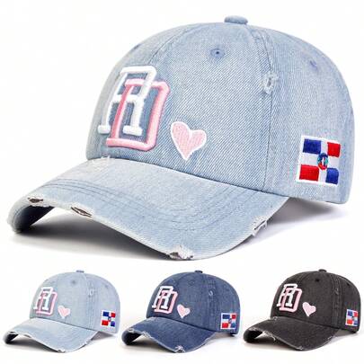1pc Women's RD Letter Embroidered Distressed Washed Denim Baseball Cap, Street Fashion Hat For Outdoor Sun Protection, Casual Wear, Spring Autumn Travel Holiday