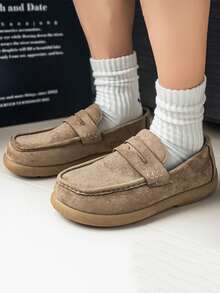 厚底绒面革乐福鞋，复古休闲皮鞋，舒适百搭的套脚鞋 - 駝色 - 查看 3