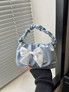Modische plissierte halbmondförmige Damen-Handtasche, Seidenschal-Schleifen-Dekoration, Metall-Kettenschulterriemen, Schulter- oder Umhängetasche in Wolkenform, perfektes Valentinstags-Geschenk für Frauen, Damen-Handtasche mit Schleifen-Dekoration - Babyblau - Übersicht 8