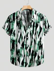 男士扎染印花单排扣休闲短袖衬衫 - 綠色 - 查看 10