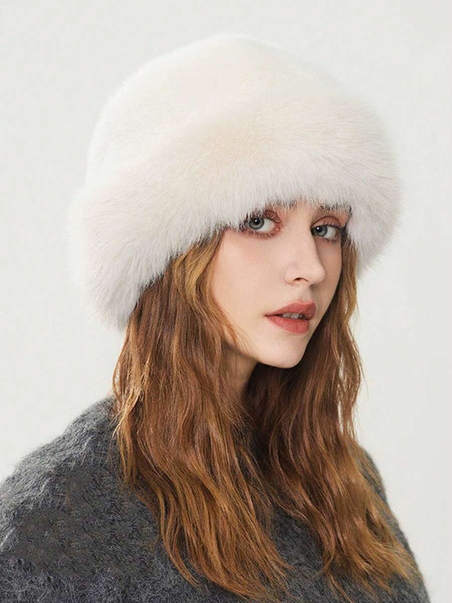 1/2 chiếc mũ công chúa giả lông thú dành cho nữ, mũ xô dày vành rộng, mũ mùa đông thanh lịch. - Nhiều màu - Xem 1