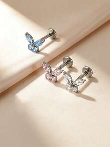 1pc G23 Titanium Internally Threaded 1.0/1.2 Piercing Earring With Butterfly Zirconia Stone, Multi-Color, Suitable For Women's Daily Wear - Butterfly - View 4