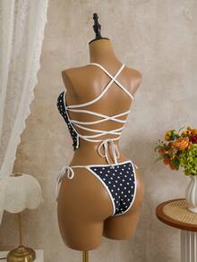 Bộ bikini tankini hở lưng gợi cảm dành cho nữ, họa tiết kẻ sọc và chấm bi, áo crop top không tay, thích hợp cho kỳ nghỉ hè ở bãi biển, tiệc tùng lễ hội âm nhạc, trang phục đi biển phong cách bohemian mùa xuân/hè màu đen. - màu đen - Xem 8