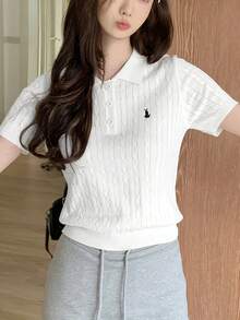 Women's Korean-Style Ice Silk Fiber Shirt - Breathable Short-Sleeved Collared Top With Embroidered Logo, Bright Yellow Casual Spring-Summer Everyday Fashion, Non-Transparent Fabric - trắng - Xem 12