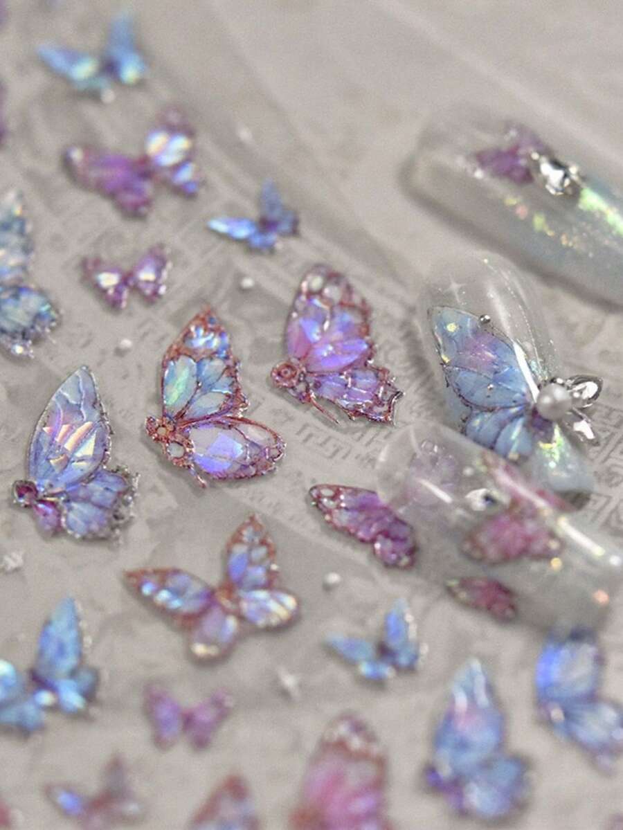 1张5D美甲贴纸，彩色蓬松贝壳蝴蝶美甲贴纸，春季美甲贴花设计，DIY美甲 - 彩色 - 查看 1