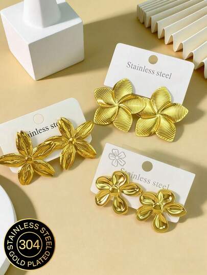 1/3对不锈钢镀金花朵耳环，时尚女士耳环，适合敏感耳，中东风格首饰，斋月装饰配饰，派对及节日礼物，款式包括圆形、方形、六边形、蝴蝶形等，经久耐用且低致敏性