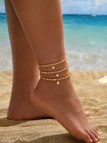 1 chiếc vòng chân hạt cườm nhiều lớp, điều chỉnh được, nhẹ, sang trọng, tối giản, hình giọt nước, kiểu cổ điển, phụ kiện đi biển mùa hè dành cho nữ. - Vàng - Xem 2