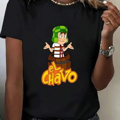 Casual Short-Sleeved T-Shirt for Ladies - Round NeckBlack with Fun Animated "El Chavo" Drawings And Printed Letters Machine Washable Spring/Summer Autumn Standard Version Suitable Nice Design Comfortable Fabric Halloween Costume Women'S T-Shirt Women'S Dress Autumn Dress Liquidation Suitable for Easter, Halloween, Thanksgiving, Etc.