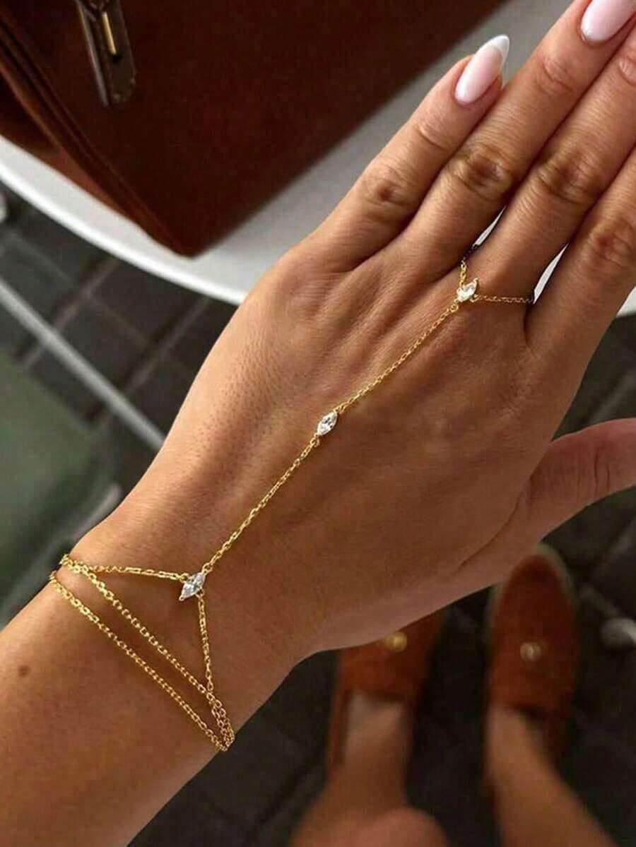 1pc Luxury Gold Tone Zirconia Multi-Layer Finger Hand Chain Bracelet, Minimalist Versatile Delicate Chain Hand Jewelry Accessory Gift For Women - Vàng - Xem 1