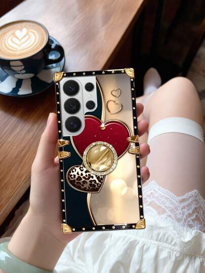 1pc Multi-Color Heart & Leopard Print Rectangle Fashionable Shockproof Phone Case With Rhinestone Mirror Ring Holder, Compatible With Samsung Galaxy S26 Ultra/S26/S26 Plus/S25FE/S25Ultra/S25+/S25/S24 Plus/S24/S24U/S23 Ultra/S22ULTRA/A56 5G/A36/A17/A16 And 17proamx/17/16 Promax/16/15PRO Max/15/14 Plus/15plus/14 Pro Max/13promax Models. [International Version, Not Domestic]