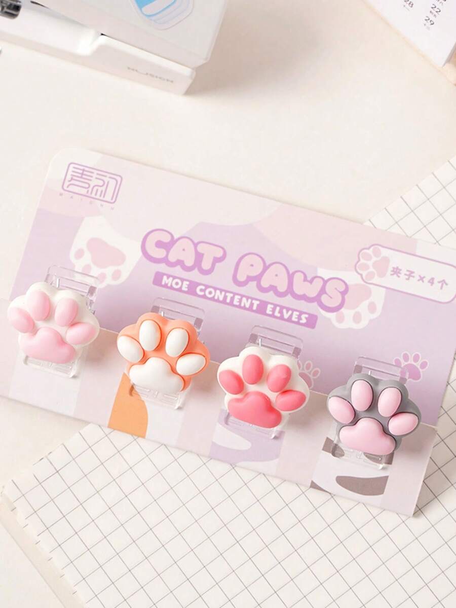 4 piezas de clips de archivo con diseño de pata de gato - Útiles escolares - En forma de gato - Ver 1