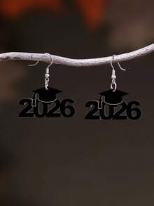一对2D平面2026毕业帽亚克力吊坠耳环，优雅简约风格女士耳环，适合日常和节日佩戴 - 黑色 - 查看 5