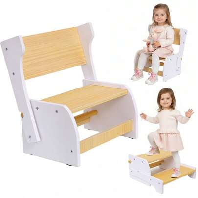  Ubravoo Wooden 2-In-1 Convertible Wooden Step Stool & Chair For Kids, 100kg Capacity Toddler Step Stool With Non-Slip Design, Suitable For Bathroom, Kitchen, Toilet Training & Seating (Basic Model)