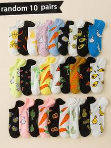 10双随机卡通动物水果印花短袜，时尚男女通用休闲袜，适合春夏穿着 - 彩色 - 查看 1