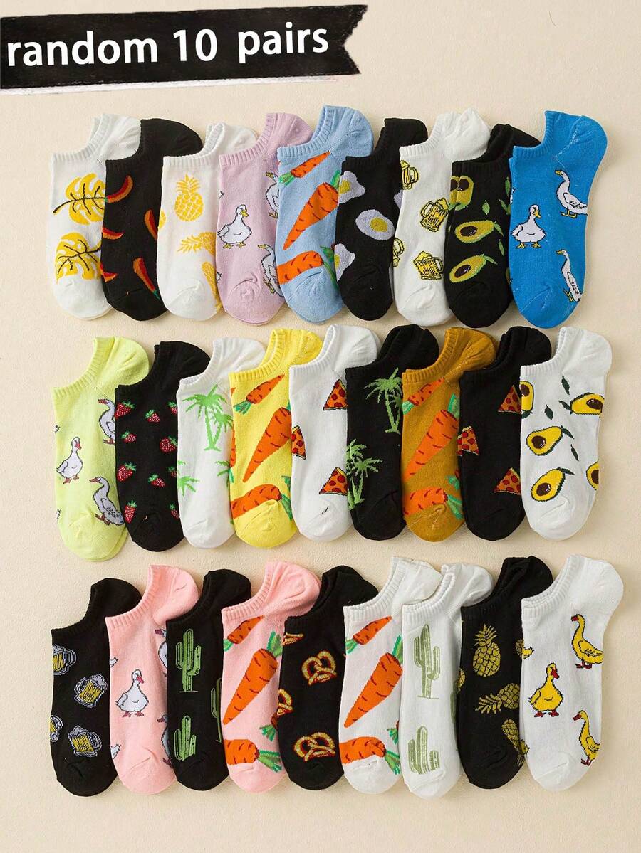 10双随机卡通动物水果印花短袜，时尚男女通用休闲袜，适合春夏穿着 - 彩色 - 查看 1