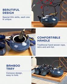 Dujust Japanese Tea Set, Cyan-Blue Porcelain Tea Set With 1 Teapot, 6 Tea Cups, 1 Tea Tray, 1 Stainless Steel Infuser, Asian Tea Set For Tea Lovers - Light Blue - View 4