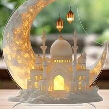 2D Decoración de escritorio de acrílico plano en forma de mezquita con diseño de media luna y luz dorada - Decoración islámica bohemia para el hogar para celebraciones de Eid y Pascua, sin alimentación, exhibición de tema de iglesia multifuncional, decoración musulmana para el hogar, decoración sin electricidad, detalles arquitectónicos intrincados, efecto de iluminación radiante, decoración navideña plana en 2D - A - Ver 3