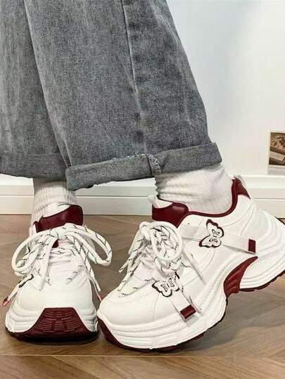 2025 New Outdoor Sports Casual Women's Shoes, Color Blocking, Breathable, Comfortable Soft Sole Sneakers, Suitable For Daily Wear, Students, Easy To Clean, Platform Increase Height Chunky Sneakers
