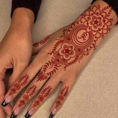 棕色临时纹身贴纸，海娜风格仿真花，防水纹身装饰，适用于女性、婚礼、节日、派对、面部和身体