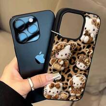 SANRIO 1 pieza Nueva Funda de teléfono de acrílico con licencia oficial, diseño creativo de estampado de leopardo y gato, cubierta protectora gruesa y resistente a los golpes compatible con Apple 17 Pro Max/Air, 16, 11/12/13/14 Plus, XR, 7/8 Plus, 15 Pro Max - Negro - Ver 5