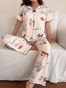 Conjunto de pijama de mujer con cuello en V y estampado de dibujos animados, top de manga corta con puños y pantalón largo, conjunto de ropa de dormir linda, conjunto de ropa de estar en casa, conjunto de pijama casual y de moda - Multicolor - Ver 6