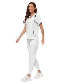 Scrubs Women Nursing Beauty SPA Scrubs Pet Clinic Store Veterinary Dentistry Work Clothes Set High-Quality Nurse Scrub Spring Black - trắng - Xem 6