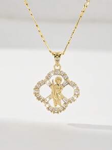 14K Gold Plated Anti-Oxidation Anti-Fading Four-Leaf Clover Virgin Mary And Judas Necklace, 60cm Figaro Chain Structure Sturdy And Smooth Adjustable, Delicate Four-Leaf Clover Outline, High-Definition Virgin Mary And Judas Image, Secure Zirconia Inlay. An Ideal Gift For Religious Friends, Girlfriends And Elders, Symbolizing Good Luck And Faith Memorial Value. - Judah - View 10