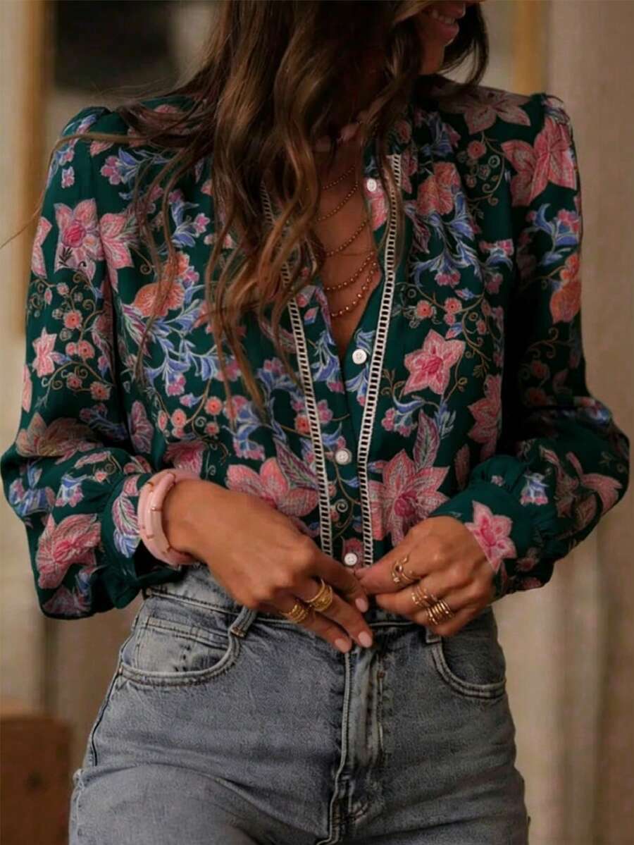 Women's Spring/Summer Digital Print Blouse, Fashionable Elegant Casual Loose Long Sleeve Stand Collar Cardigan, Luxurious Floral Print Shirt For Daily, Commute, Vacation, Versatile - Dark Green - View 1
