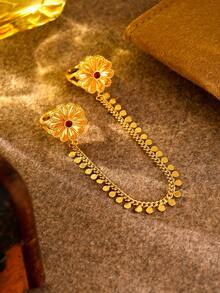 1pc Adjustable Flower Chain Connected Finger Ring, Luxury Copper Gold Plated, Suitable For Women Wedding Party Accessories - Yellow Gold - View 8