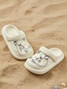 HAHABOBO Girls Pearl Rhinestone Bear Chain Closed Toe Clogs, Soft EVA Slip On Sandals, Kids Daily Shoes For School Beach Party Travel - White - View 5