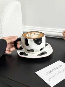 CMYD Studio 1pc 280ml Original Nordic Style Handmade Ceramic Coffee Cup & Saucer Set, Multi-Color Plaid, Heart, Cloud, Floral Pattern, Suitable For Afternoon Tea, Milk, Latte, Dessert Plates - Great Gift - Multicolor - View 19