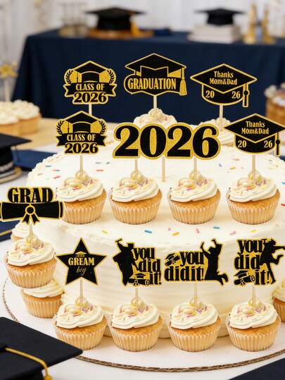 27件套2026毕业季蛋糕装饰，2026毕业季纸杯蛋糕插牌，祝贺毕业纸杯蛋糕装饰签，适用于甜点、食品、披萨、蛋糕、毕业派对装饰、生日装饰（黑金配色）