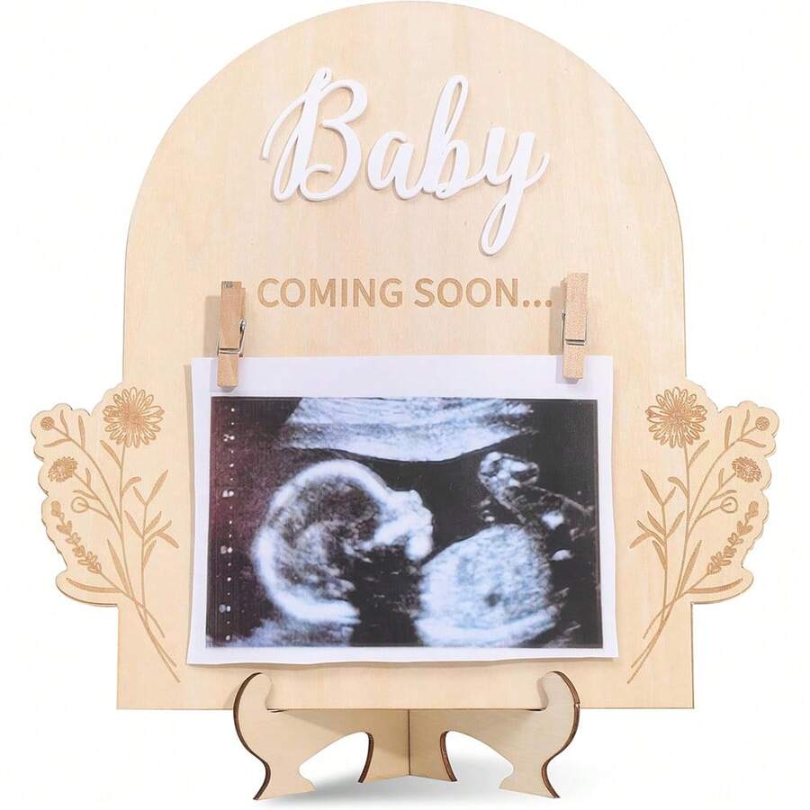 Pregnancy Announcement Sign With Photo Clip, Baby Coming Soon Wooden Ultrasound Picture Frame, Baby Reveal Announcement Board, Pregnancy Reveal Gift For New Parents, Nursery Decor - Multicolor - View 1