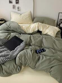 Bộ ga trải giường 3 món kiểu Bắc Âu đơn giản, phối màu trơn, chất liệu polyester, làm từ vải polyester. - Màu xanh Ô liu - Xem 3