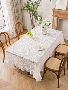 1pc Elegant French Floral Lace Trim Tablecloth, Fresh Decor For Dining Table, Holiday - White - View 10