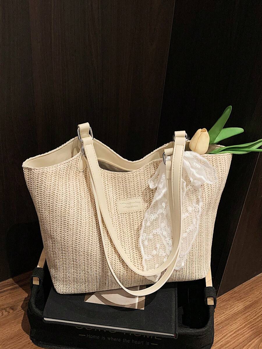Túi đan rơm dành cho nữ, dung tích lớn, phiên bản Hàn Quốc mới, kiểu dáng đơn giản, túi tote đeo vai cao cấp.