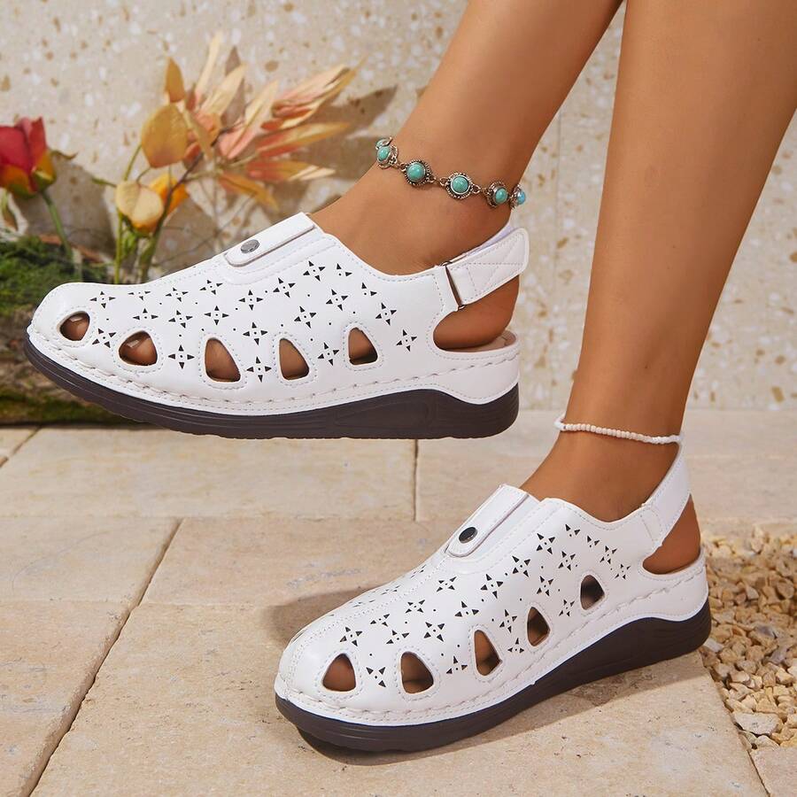 2025新款厚底防水休闲镂空坡跟拖鞋，褶皱设计，适合搭配裙子，夏季家居服 - 白色 - 查看 1