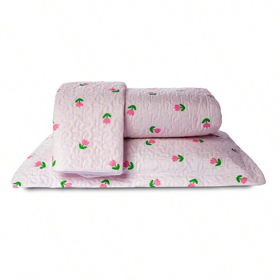 Double Bedspread Coverlet, Standard Size, 3 Pieces, Printed, 180 Thread Count - Pink Tulip - View 1