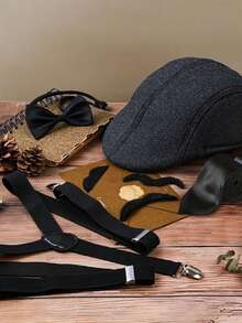 4 Stück D EXCEED 1920er Jahre Vintage Accessoire Set für Herren mit Barett, Fliege, Hosenträger für Theateraufführungen, 1920er Jahre Vintage Party, Cosplay, Valentinstag Geschenk, Themenparty - Verschiedenfarbig - Übersicht 4