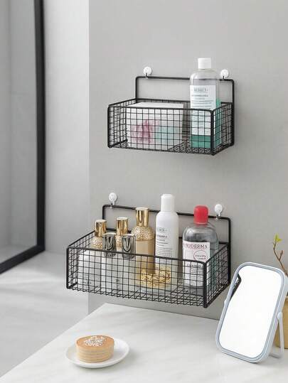 1/2件装免钻孔浴室置物架 | 铁丝网浴室架 | 免钉粘胶淋浴收纳篮 | 浴室免钻孔收纳篮 | 厨房浴室通用收纳架
