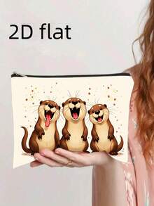 1个可爱动物音乐艺术印花洗漱包，金色链条老虎、快乐水獭、虎斑小猫图案，印有“生活因魔法而更美好”的音符图案，便携式旅行收纳化妆包，学生文具包 - 彩色 - 查看 4