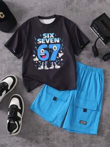 8-12 Years Old Boys' Street Style Outfit, Black Cartoon Digital Print Short Sleeve Tee + Light Blue Multi-Pocket Cargo Shorts, Breathable Soft Wrinkle-Resistant, Suitable For School, Outdoor Play, Weekend Outings - Blue - View 6