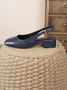 2026 女士格纹压花蓝色方头无后跟套脚鞋，3厘米低方跟单带百搭通勤时尚鞋 - 藍色 - 查看 7