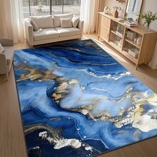 Home Carpet, Blue And Gold Patterned Rectangular Carpet, Easy To Clean, Available In Various Sizes, Aesthetically , Adds Tranquility, Suitable For Living Room, Sofa Mat, Doorway Mat, Bedroom Home Carpet, And Other Practical Home Decor For Multiple Spaces - 1PC - View 1