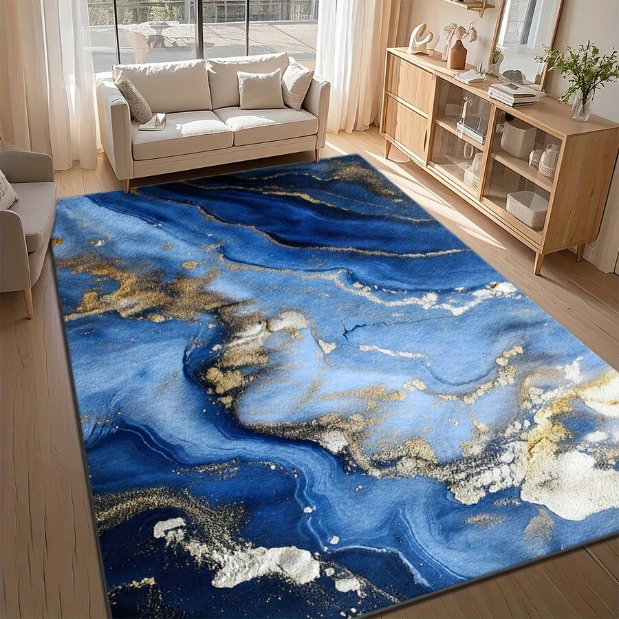 Home Carpet, Blue And Gold Patterned Rectangular Carpet, Easy To Clean, Available In Various Sizes, Aesthetically , Adds Tranquility, Suitable For Living Room, Sofa Mat, Doorway Mat, Bedroom Home Carpet, And Other Practical Home Decor For Multiple Spaces - 1PC - View 1